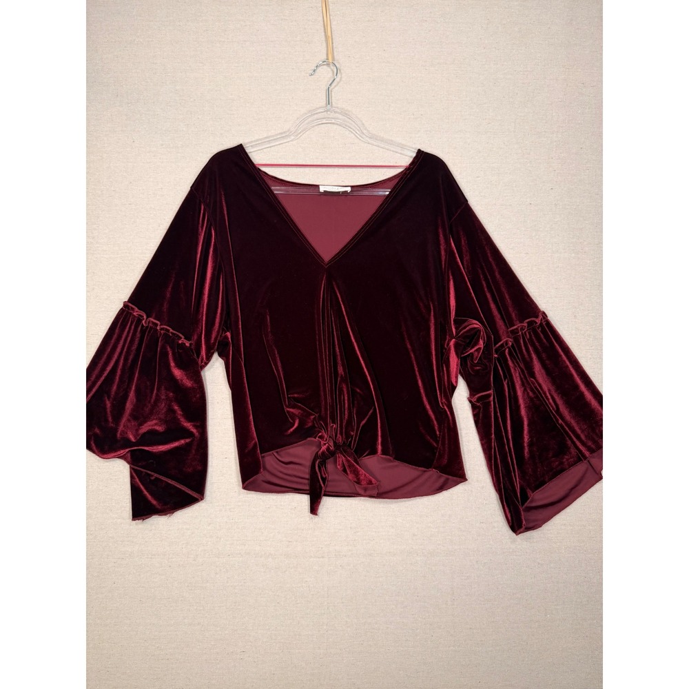 Lavender Field Burgundy Velvet V-Neck Tie Front Bell Sleeve Ruffle Top Large